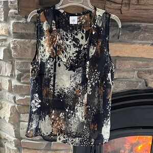 CAbi Abstract Print V-Neck Sleeveless Shell - Black, Cream, Brown